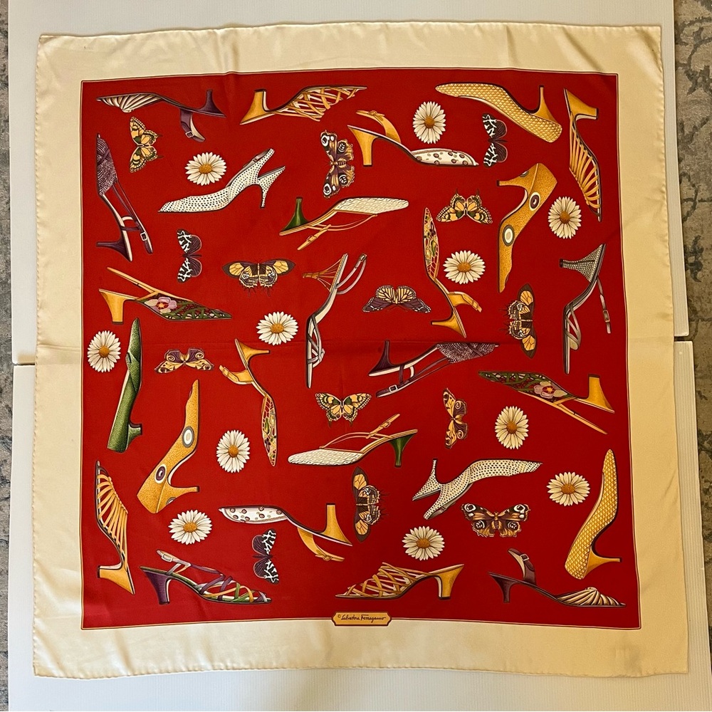 Salvatore Ferragamo Red and Cream Silk Scarf